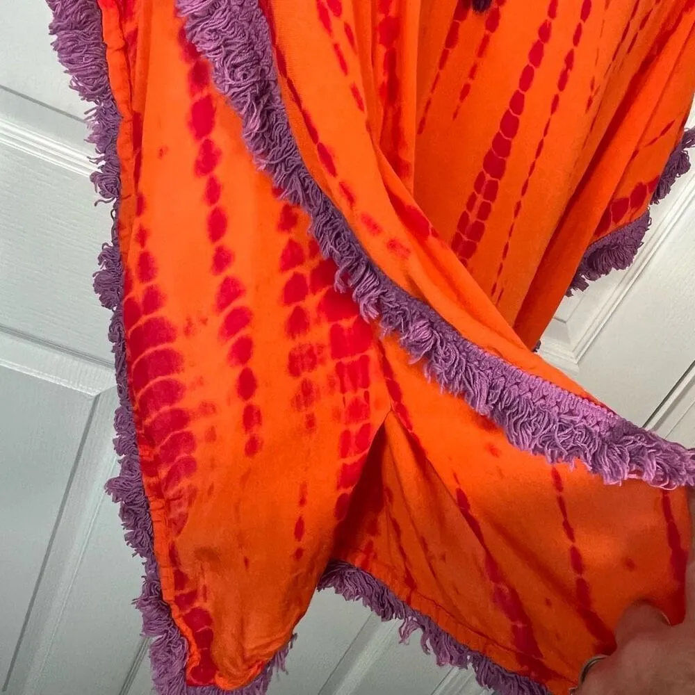 OndaDeMar Sz 12 Orange Tie Dye Swimsuit Coverup Purple Fringe Trim - Image 8
