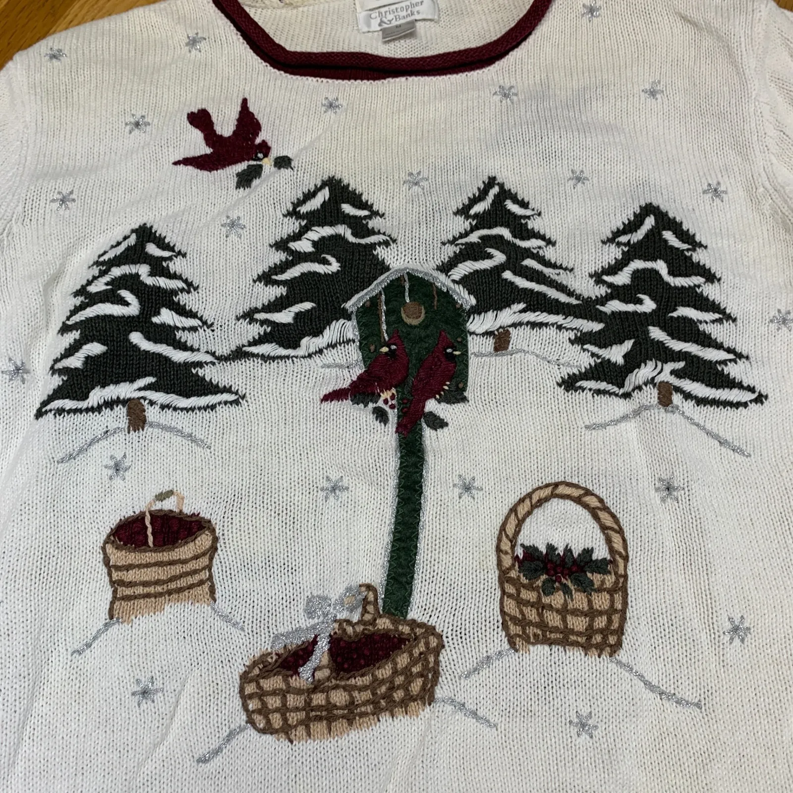 Christopher Banks Womens White Hand Embroidered Christmas Sweater Size M Vintage - Image 2