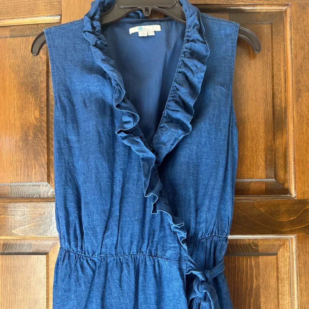 Boden Nancy Linen Midi Dress Ruffle Wrap Tie Waist Blue Size 8 Sleeveless - Image 3