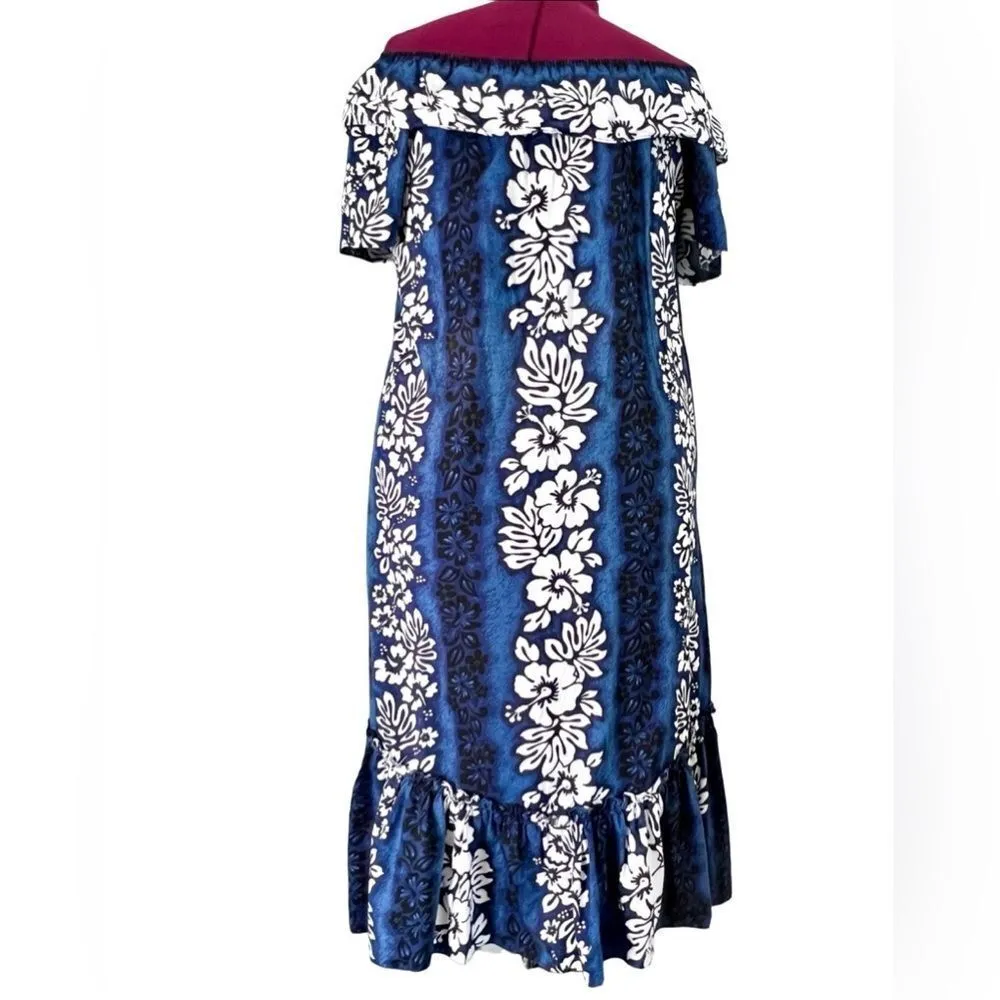 Hawaiian Traditional Muumuu Blue Black White Dress MEDIUM Tropical Colorful NWOT - Image 3