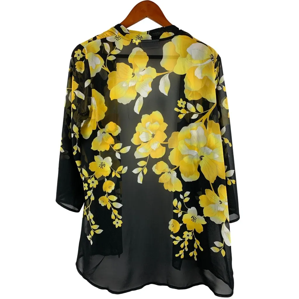 Susan Graver Sheer Floral Kimono Cardigan Jacket XS Black & Yellow - Image 2