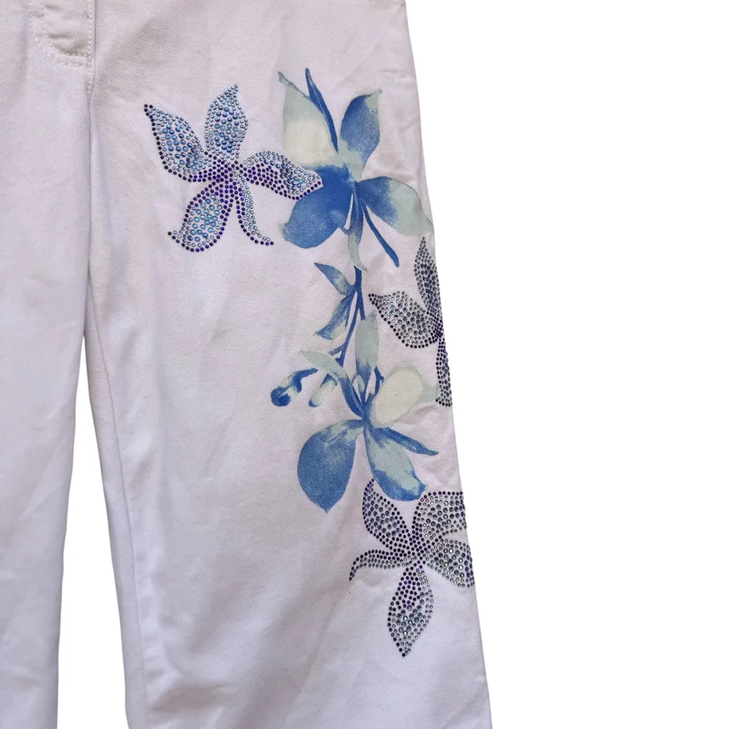 Escada Designer White Floral Rhinestone Jeans Made in Italy Size 36 Fits 28–30 - Image 5