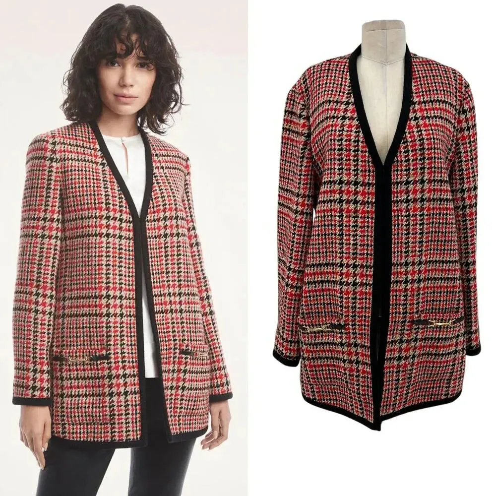 Brooks Brothers Wool Blend Tartan Cardigan‎ Tunic Blazer Red Black Plaid Size 14 - Image 2