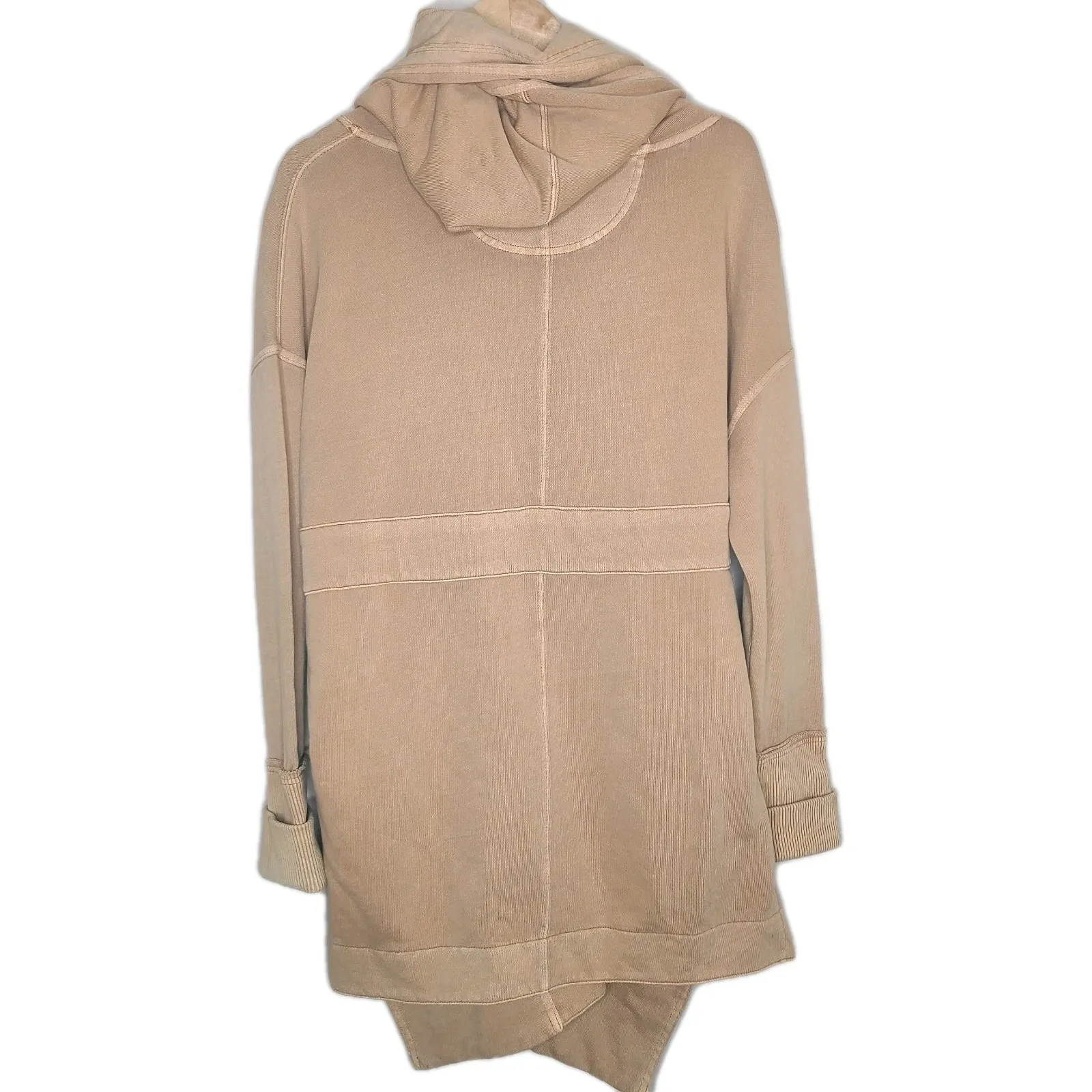 Free People Brentwood Cardi‎ Sweatshirt Hoodie Open Tie Slouchy Tan Sz Small - Image 4
