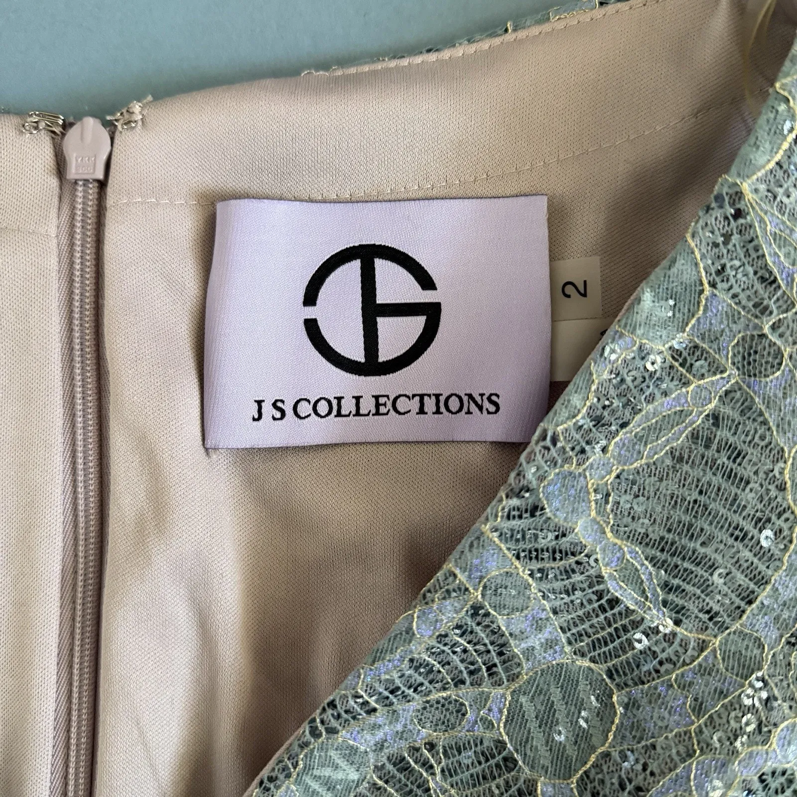 NWT JS Collections Sequin V-Neck Cape Gown Metallic Lace Light Blue Formal Dress - Image 7