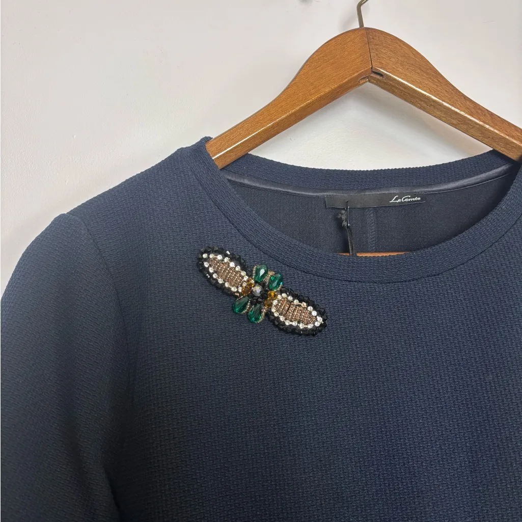 LeComte NWT Elegant Navy Blue Dress with Embellished Jeweled Details Size 14 - Image 3