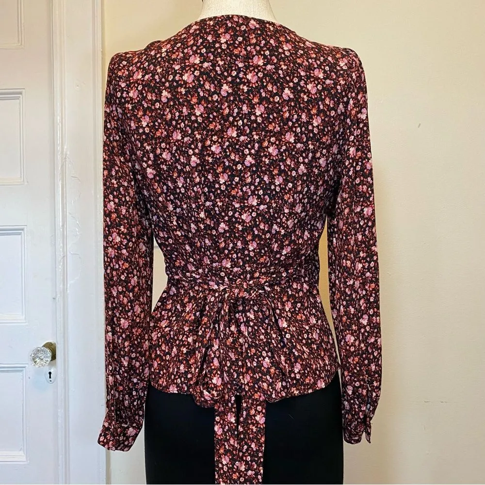 & Other Stories Floral Long Puff Sleeve Wrap Blouse Black/Pink Sz 6 Small - Image 11