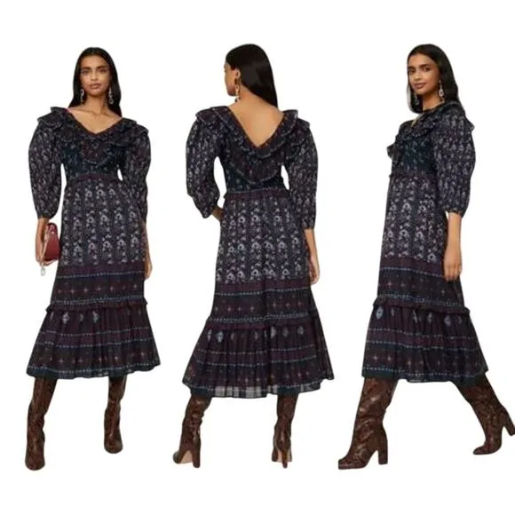 Sea NY Nadine Border Smocked Dress Cotton Puff Sleeve Ruffled V - Image 2