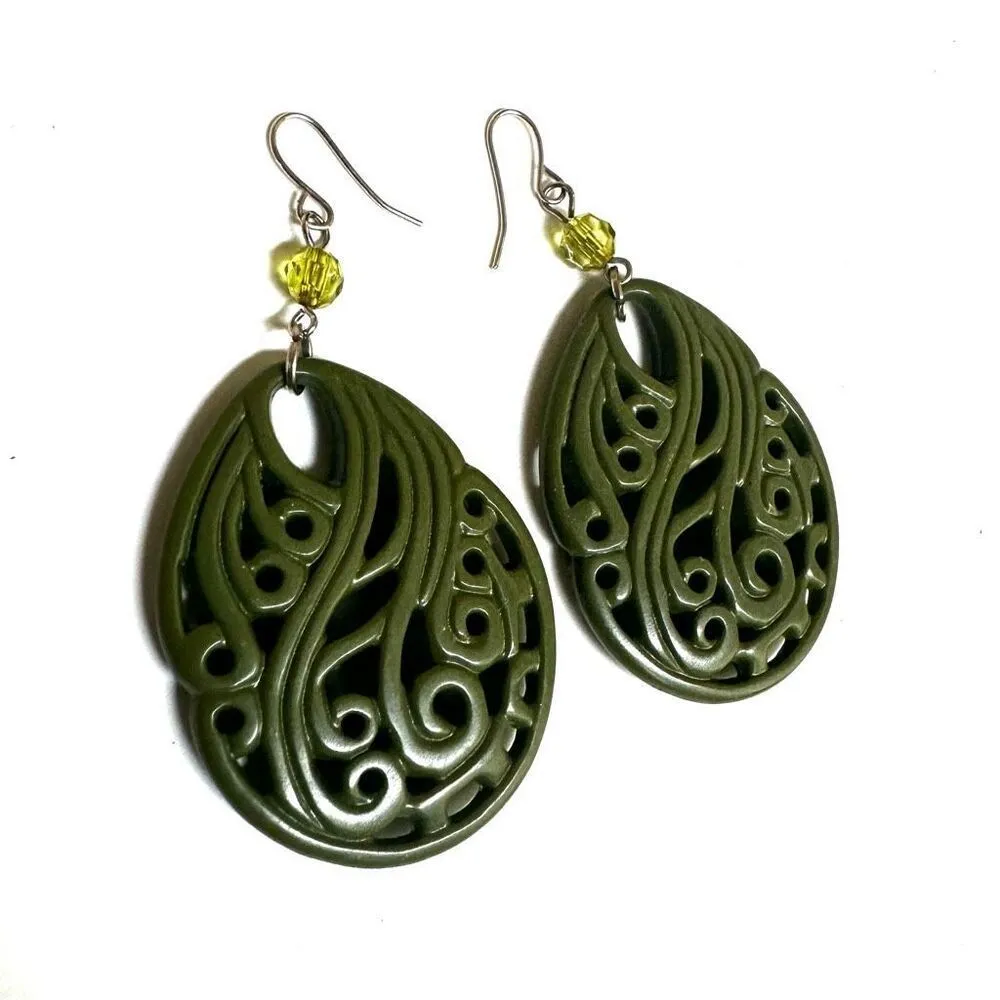 Olive green cut out teardrop statement earrings - Image 2
