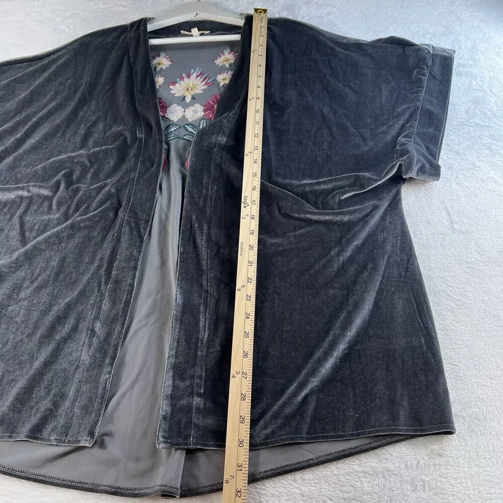 Entro XL Gray Velvet Kimono Bright Floral Embroidery Boho Bohemian Whimsigoth - Image 8