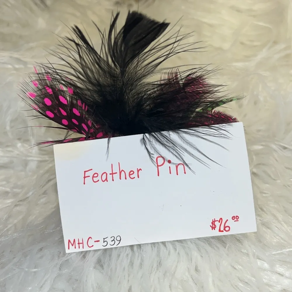 Pink green & black feather & rhinestone brooch pin. Handmade. - Image 2
