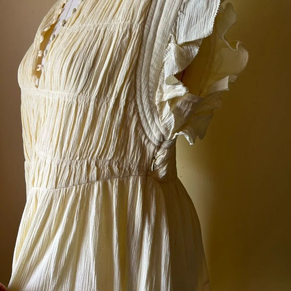 Ba&sh Noah Shirred Cotton Gauze Midi Dress Yellow Ruffle Sleeve Prairie Boho 10‎ - Image 9