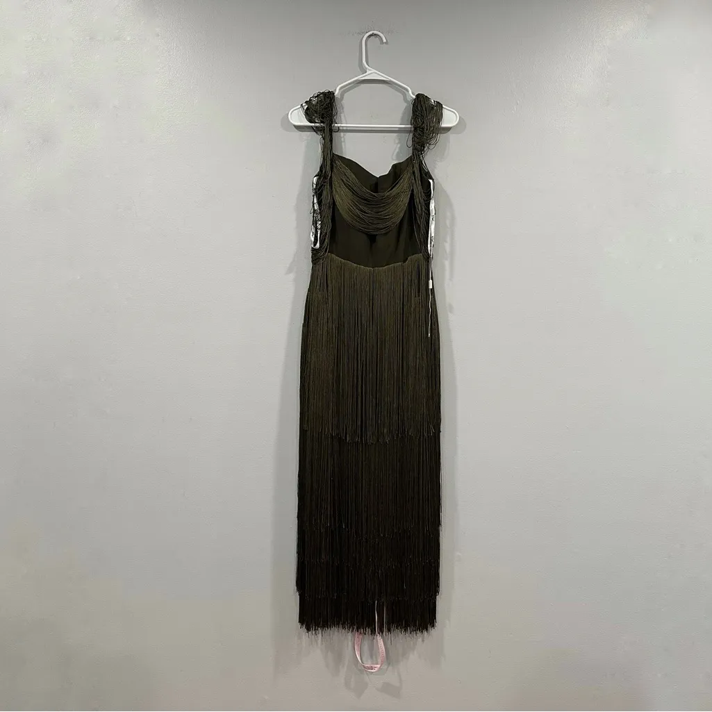 Mac Duggal 20568 Short Sleeve Fringe Detailed Midi Dress Olive Sz 2 NWOT - Image 4