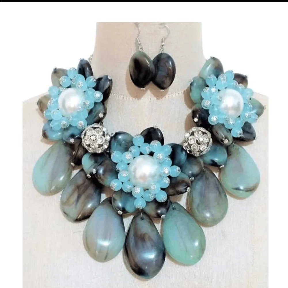 Women’s Green Floral Beaded Statement Necklace And Earring Set - Image 2