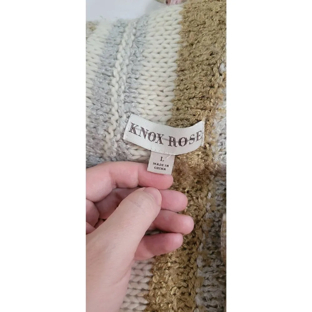 Knox Rose Open Front Cardigan Sweater Duster Fringe Knit Tan Striped Sz L, Hi Lo - Image 4