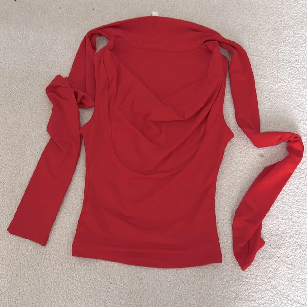 Stunning Trendy Red Fitted Neck with Tie Cowl Top - Image 3