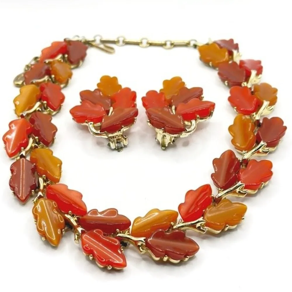 Vintage 1960 Signed Lisner Thermoset Lucite Fall Leaves Necklace Bracelet Set Orange - Image 7