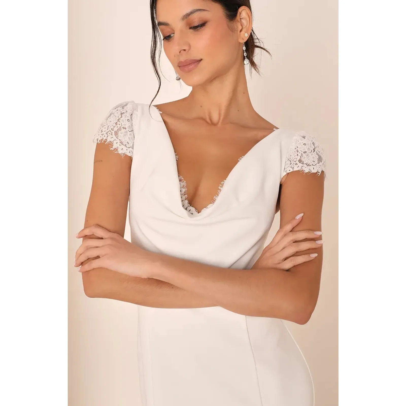NWT Lulus Forever Beloved White Lace Cap Sleeve Mermaid Dress Bridal Bride Sz S - Image 2