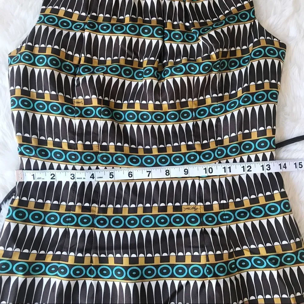 MILLY Silk Sheath Dress Sleeveless Geometric Print Tie‎ Belt Cream Brown Size 4 Brown - Image 12