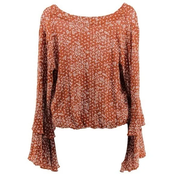 Free People Rust and White Ditsy Floral Lace Bell Ruffle Sleeve Bodysuit Size S - Image 6