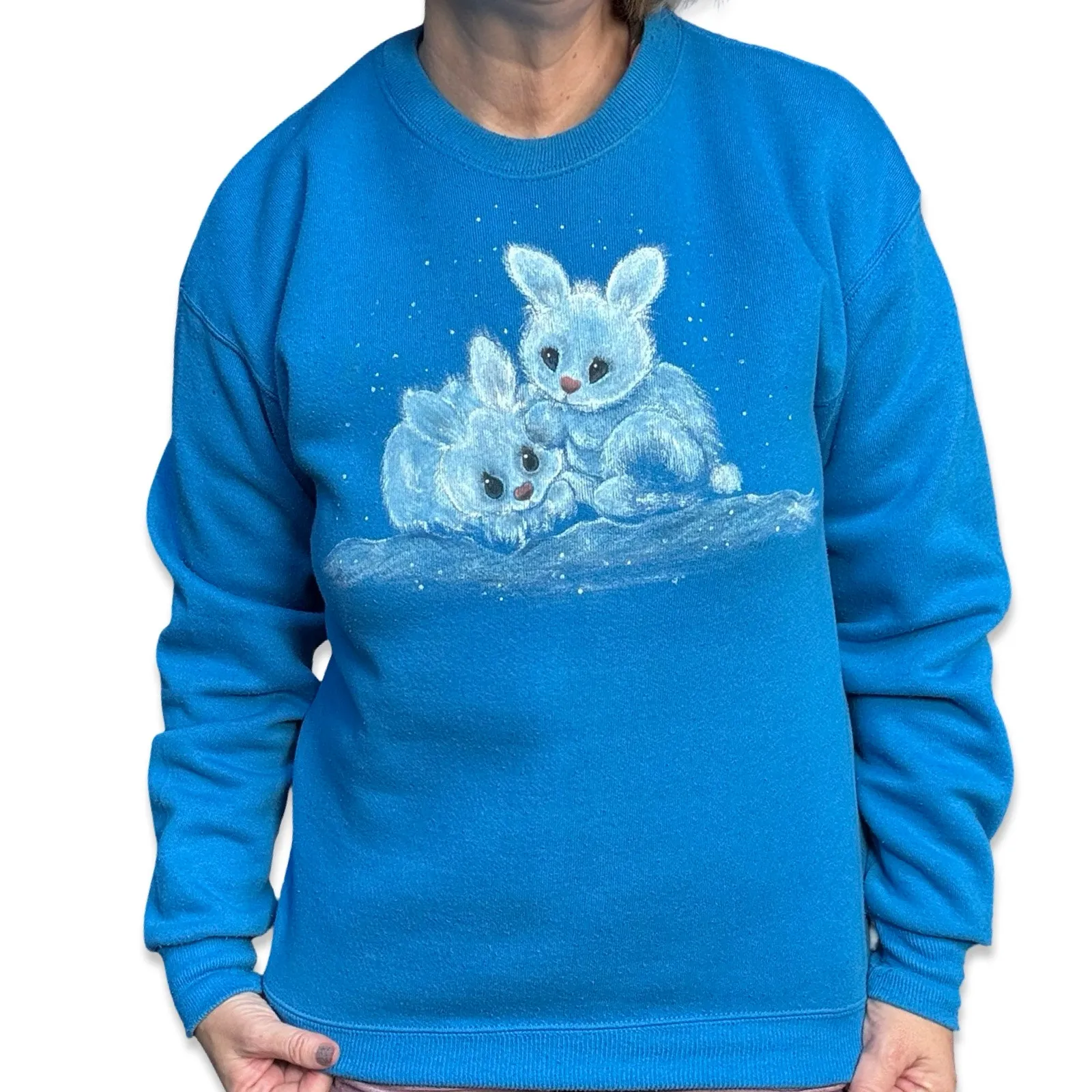 Vintage 90s Lee Blue Bunny Rabbit Graphic Crewneck Sweatshirt Made In USA Size M - Image 11
