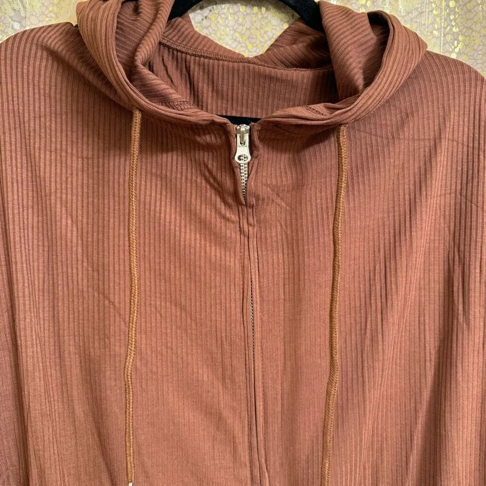 Women's Chocolate Brown Zip Up Hoodie Shorts Ribbed Lounge Set Large NEW - Image 3