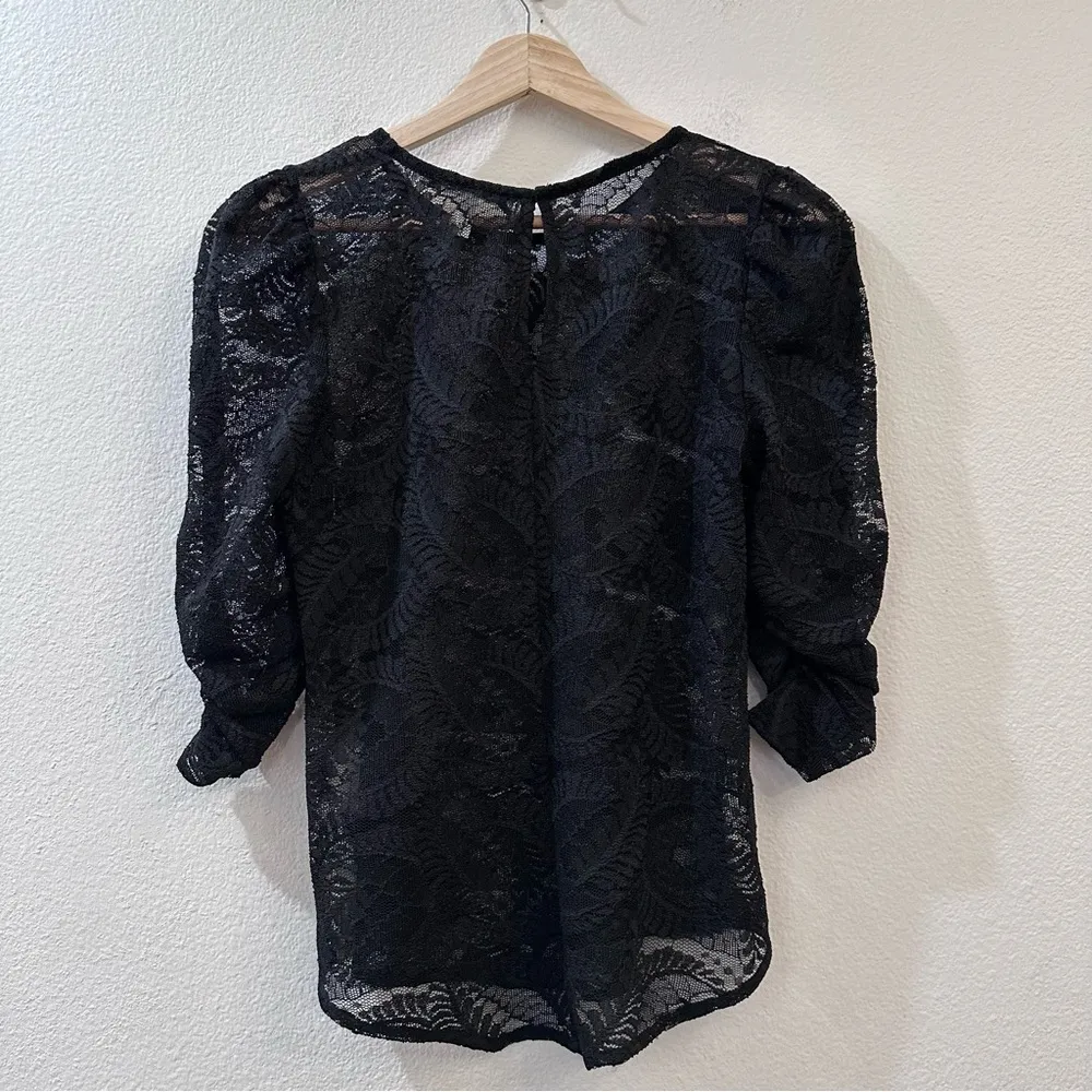 Avec Les Filles Black Lace Puff Sleeves Blouse Size Small Keyhole Back - Image 5