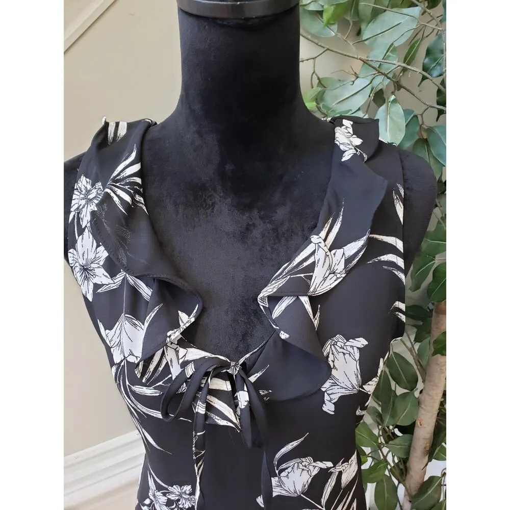 White House Black Market Tank Top Women Small Black White Floral Ruffle Tie Neck - Image 10
