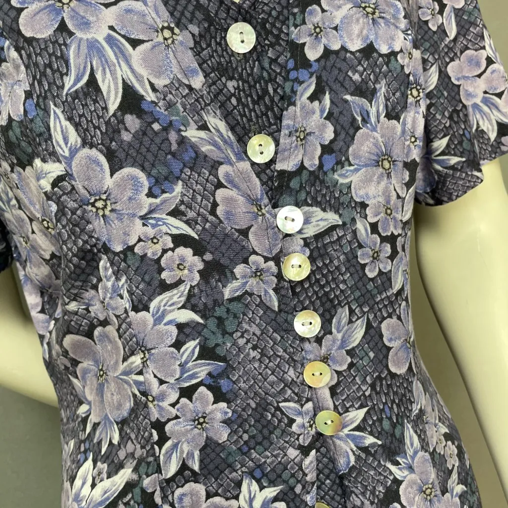 Vintage 90s Floral Dress Layered Look Snakeskin Print Shell Buttons Purple Rayon Size 10 - Image 12