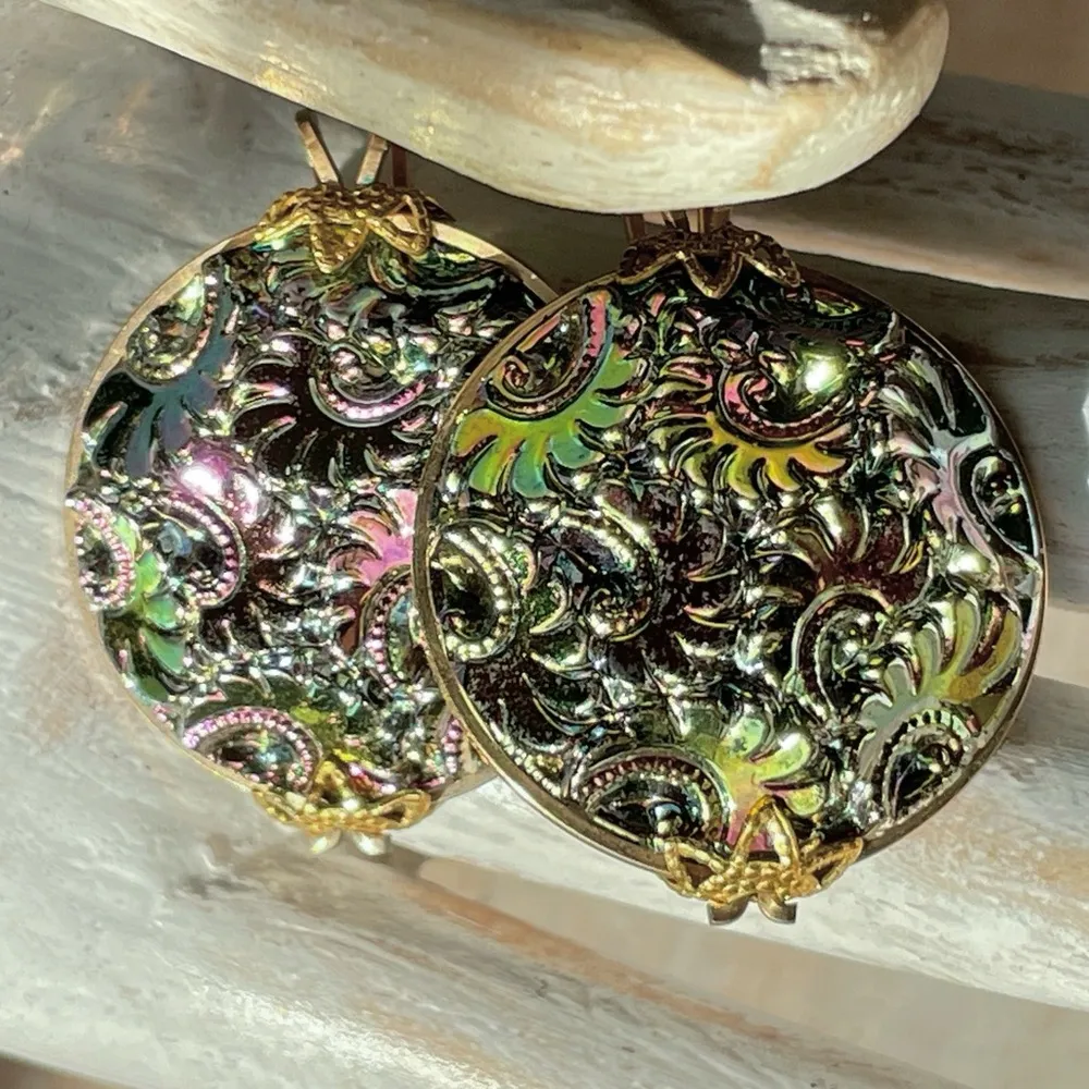 Vintage Iridescent Hillcraft Castlecraft Czech Glass Slide Earrings Green - Image 5