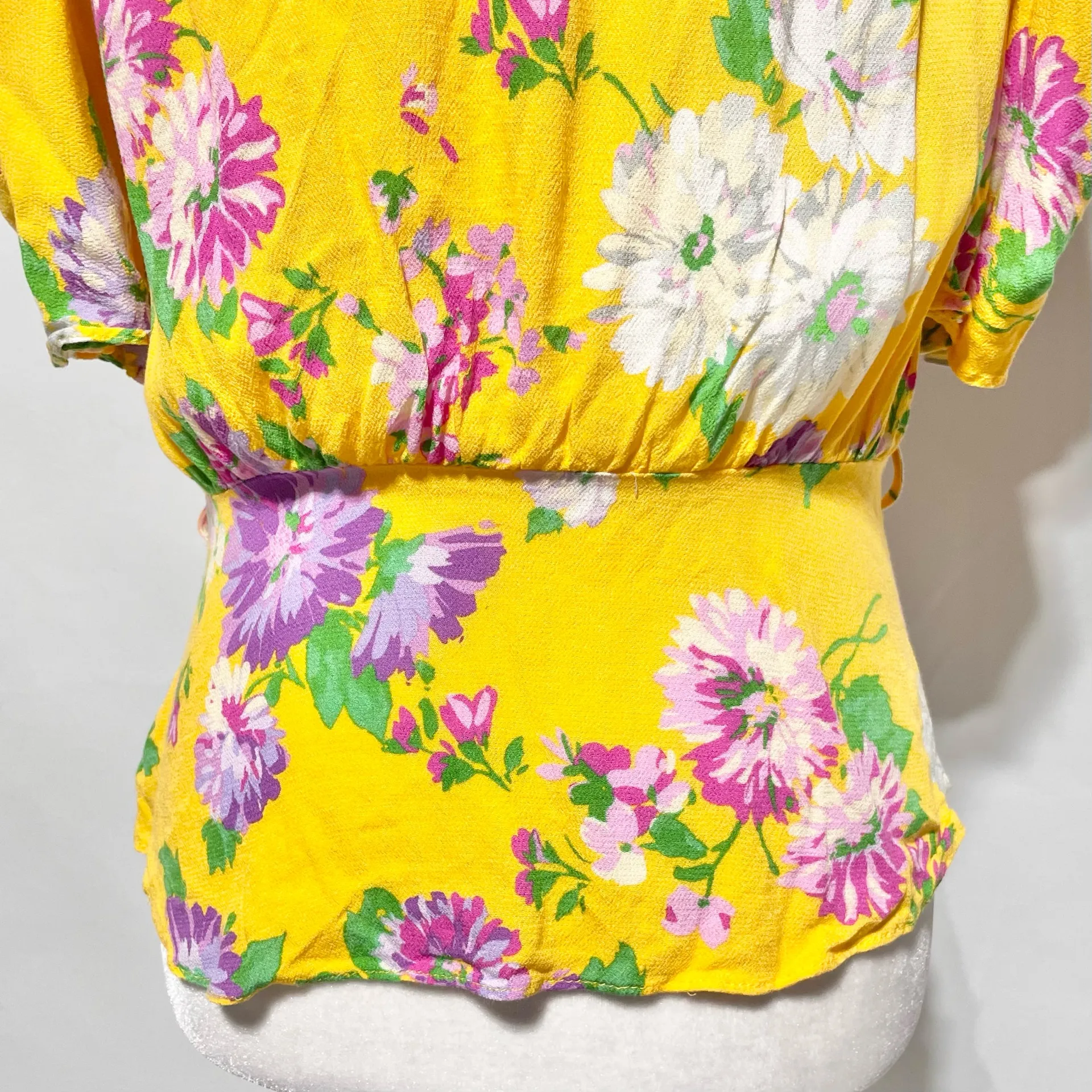 Zara Floral Print Puff Sleeve V-Neck Faux Wrap Blouse Yellow Multi Size Medium - Image 15