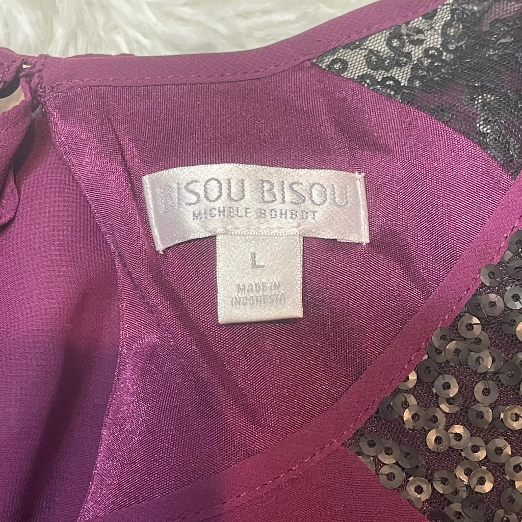 Bisou Bisou purple black sequin long sleeve sheer blouse top shirt woman’s Large - Image 5