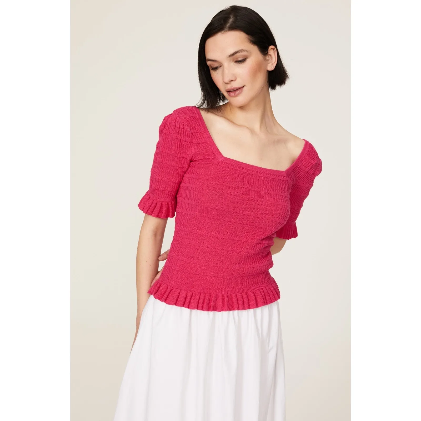 ADAM LIPPES x RTR Hot Pink Knit Square Neck Sweater Smocked Ruffle Top Size M Red Size M - Image 2