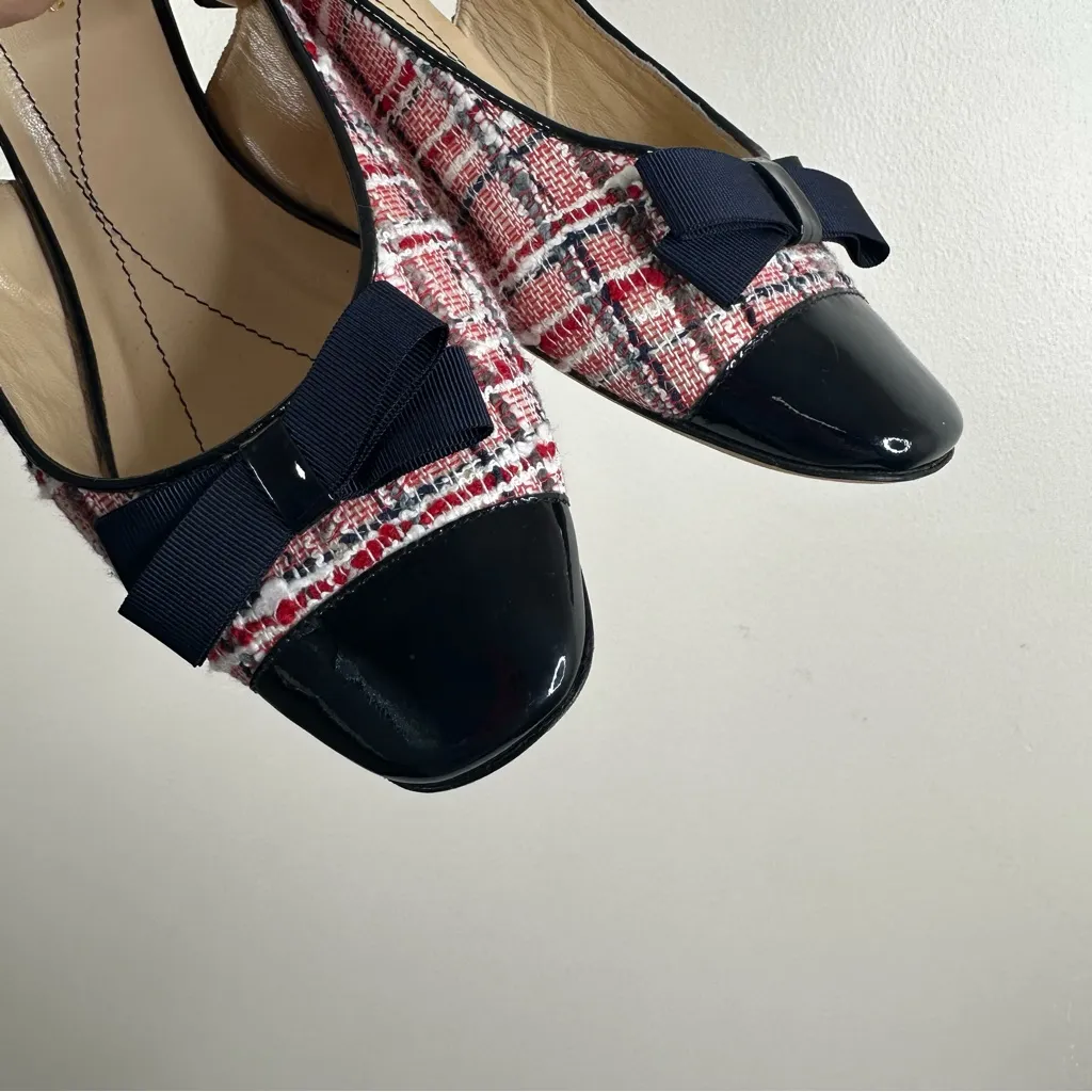 Kate Spade Tweed Plaid Slingback Shoes Womens 9 Patent Toe Low Heel Bow - Image 2
