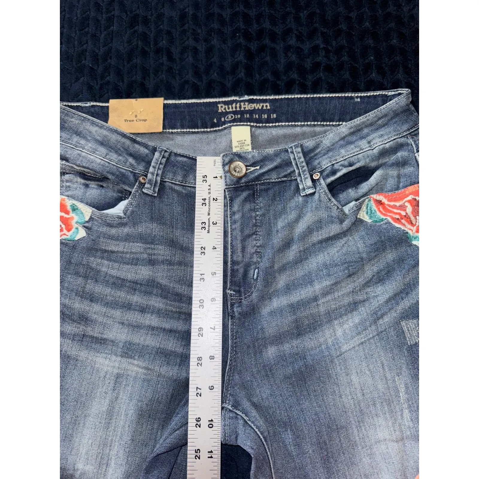 Ruff Hewn Embroidered‎ Rose Jeans Distressed Denim True Crop Size 6 - Image 7