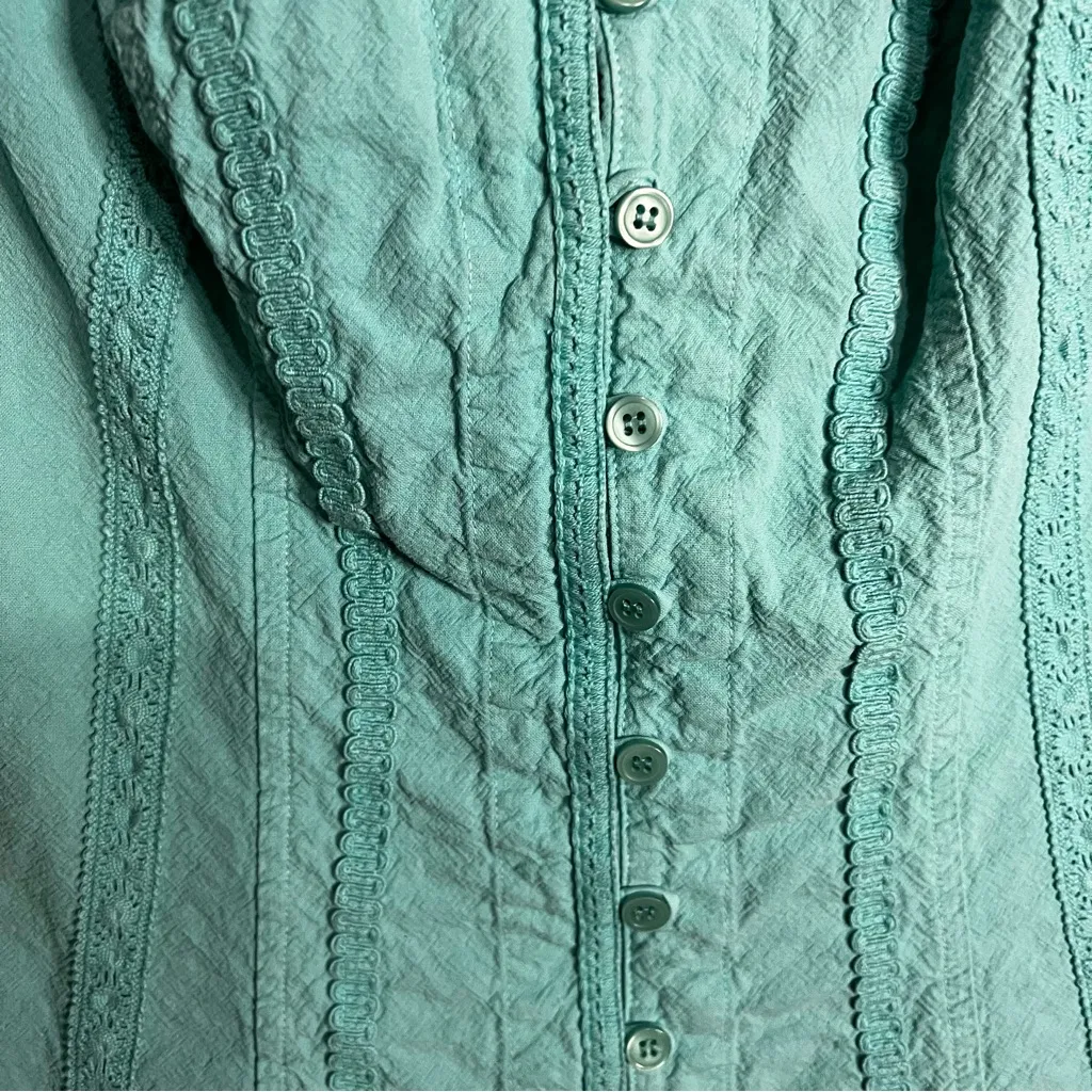 Soft Surroundings Taos Teal Blue Braided Embroidered Romantic Cap Sleeve Blouse - Image 5