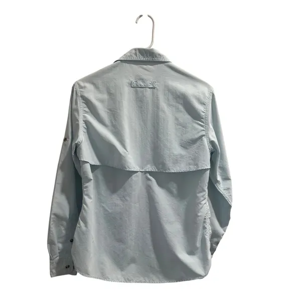 L.L. Bean‎ Light Blue Fishing Shirt Button Front Vented Roll Tab Sleeve Size S - Image 7