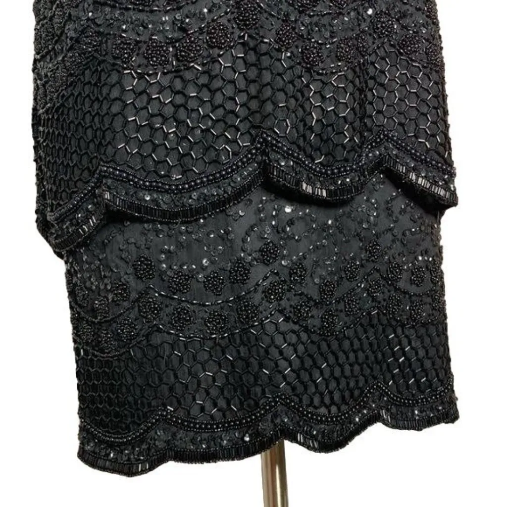 Vintage Brilliante Beaded Silk Dress Size Small Black Tiered Short Sleeve - Image 3
