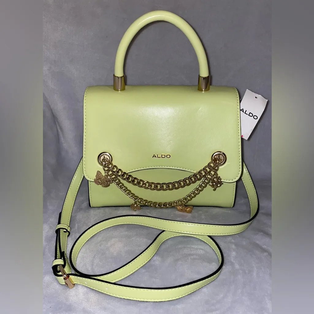 Aldo NWT Lime Green Top Handle Satchel/Crossbody Bag Gold Chain Charms Butterfly - Image 3