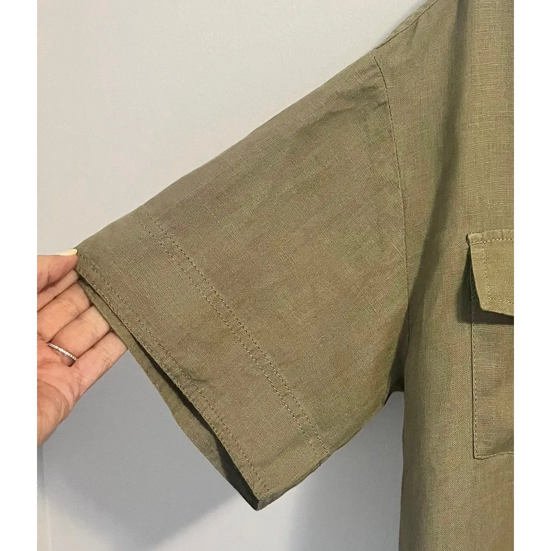 J. Crew 100% Linen Utility Shirtdress Olive Green sz. Small w/Patch Pockets - Image 6