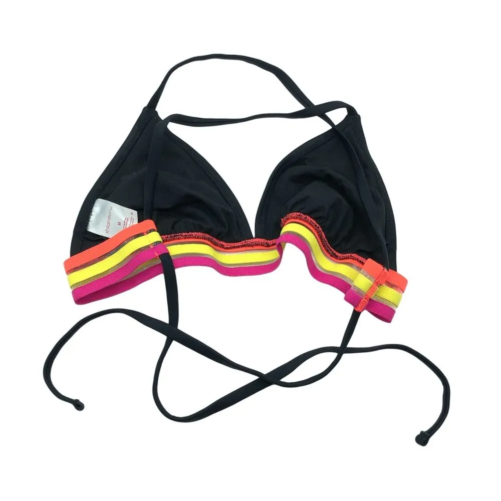 Xhilaration Bikini Top Triangle String Ties Striped Black Pink Yellow Orange M - Image 2
