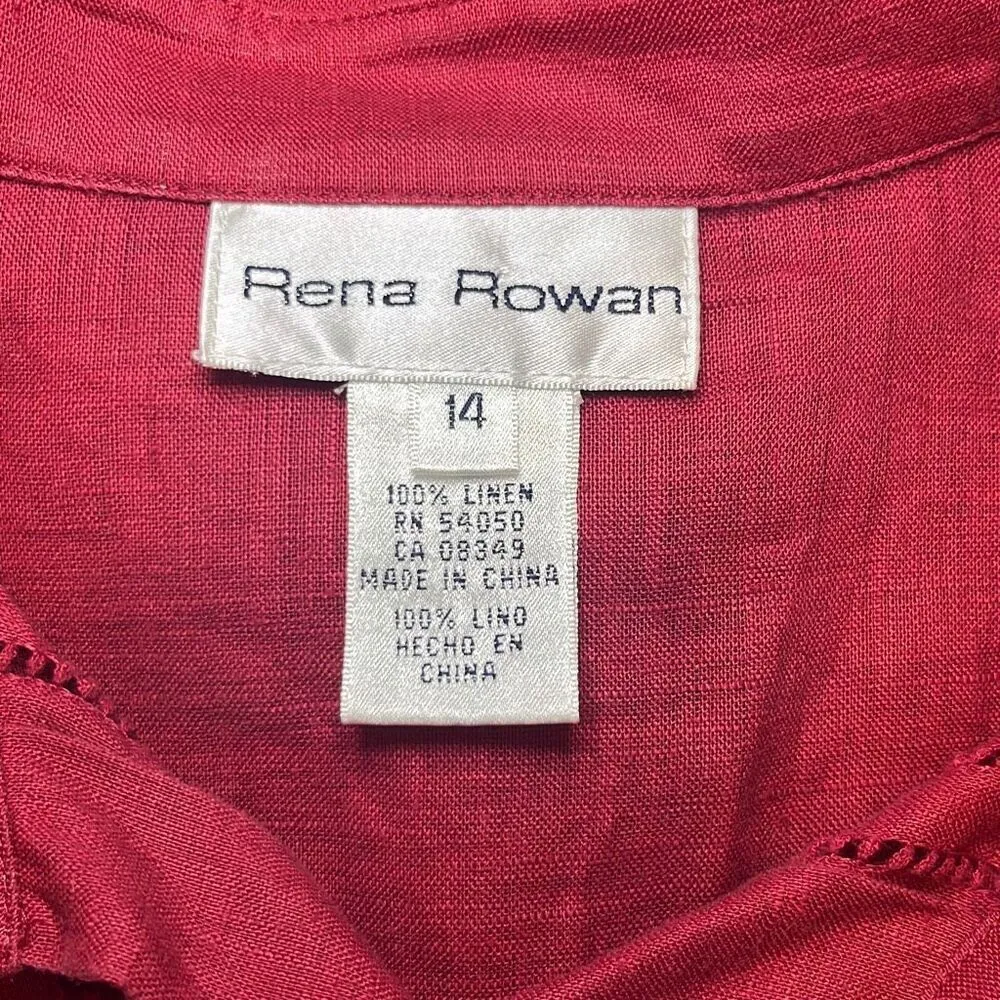 Rena Rowan Vintage Burgundy 100% Linen Ladder Crochet Button Down Blouse Sz 14 - Image 5