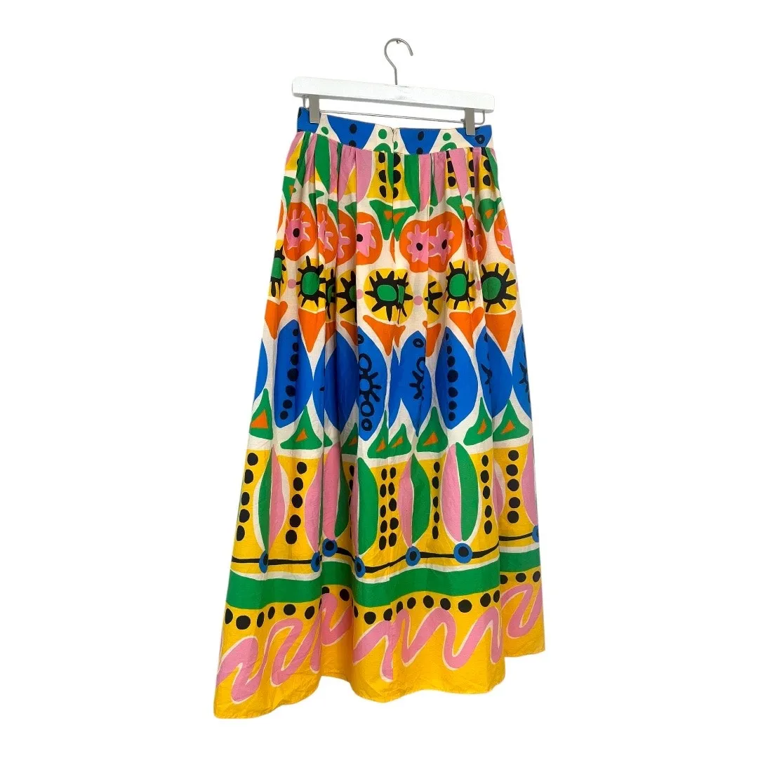 ZARA Colorful Cotton Abstract Batik African Print Pleated Maxi Skirt Size Small - Image 7