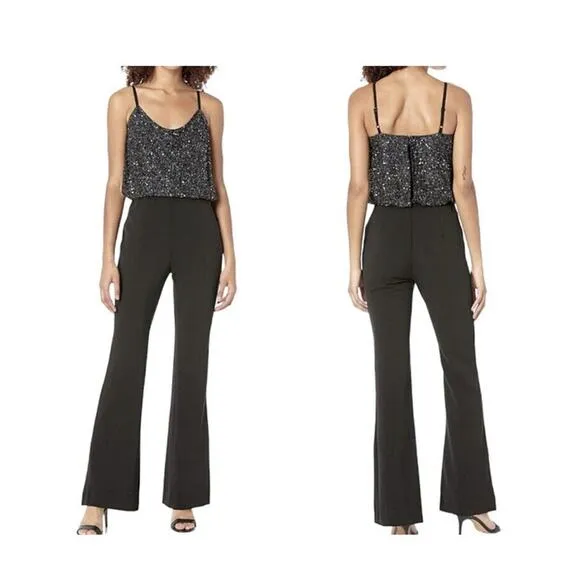 Parker Perth Black Womens Jumpsuit Size 10 Formal Sleeveless Sequin Cowl Neck - Image 2