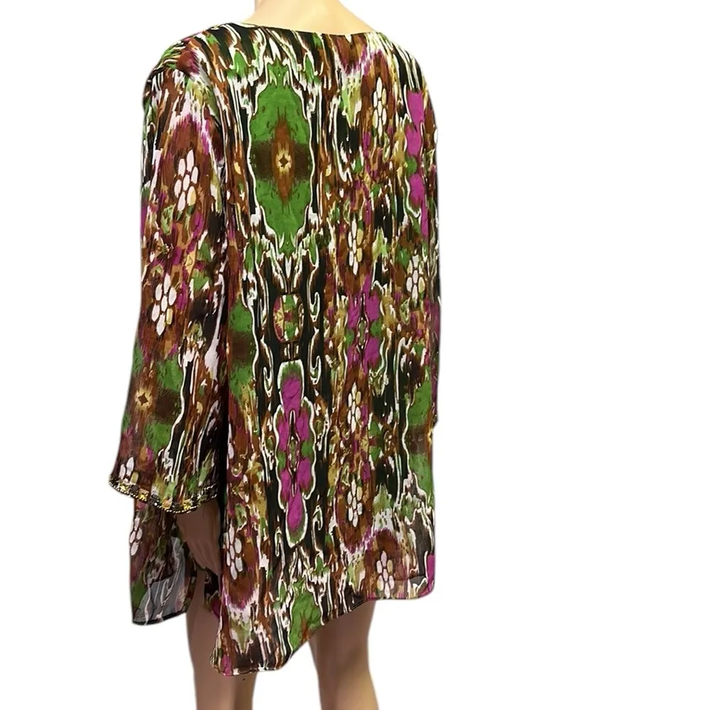 Metro 22 V Neck Colorful Tunic Blouse Flowy Top Rhinestone Embellished Womens 3X Green - Image 5
