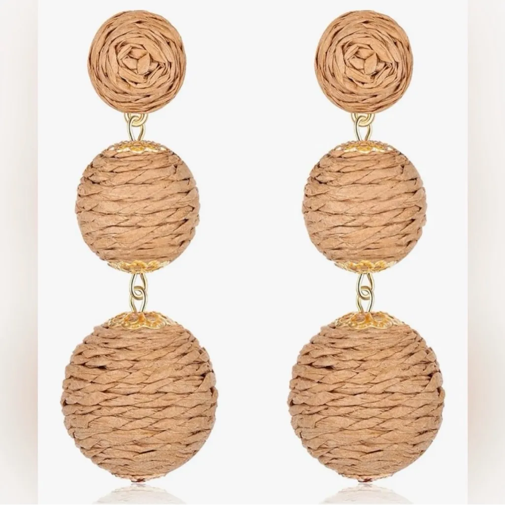 Rattan Covered, Dangling Drop Sphere Stud Earrings, Tan, Gold Tan - Image 14