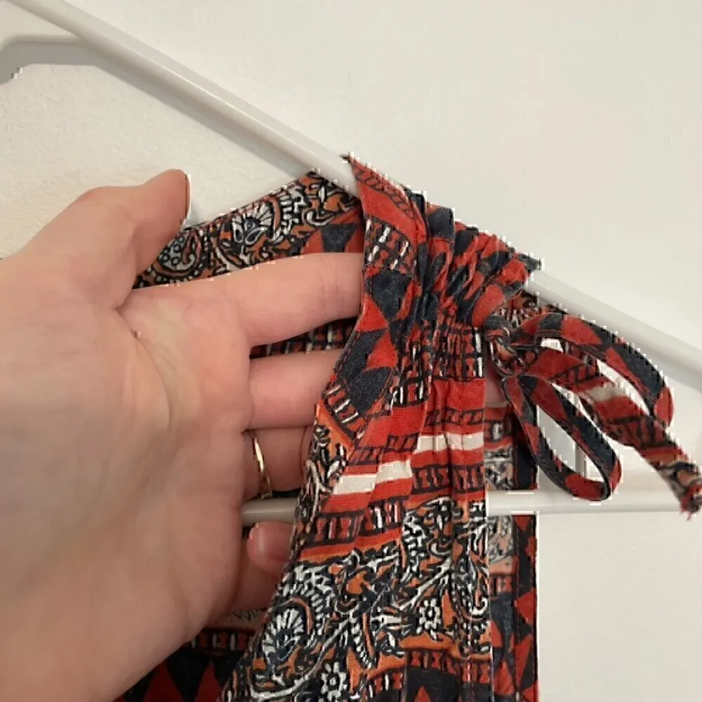 LUCKY BRAND Border Tie Dress Red Navy Multi Border Print Geo Striped Mini Boho M - Image 7