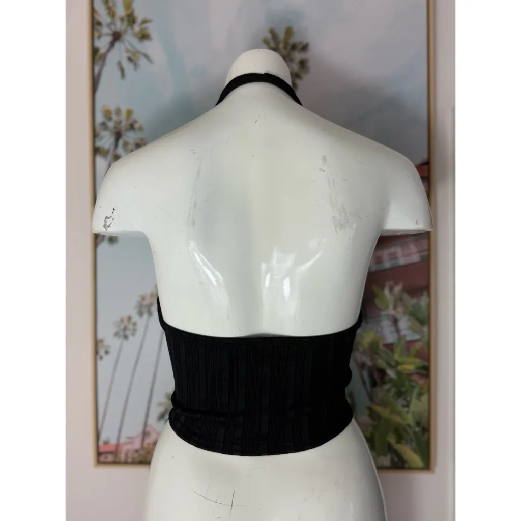 PrettyLittleThing Black Ribbed Knit High Neck Racer Halter Crop Top Sz 12 L - Image 6