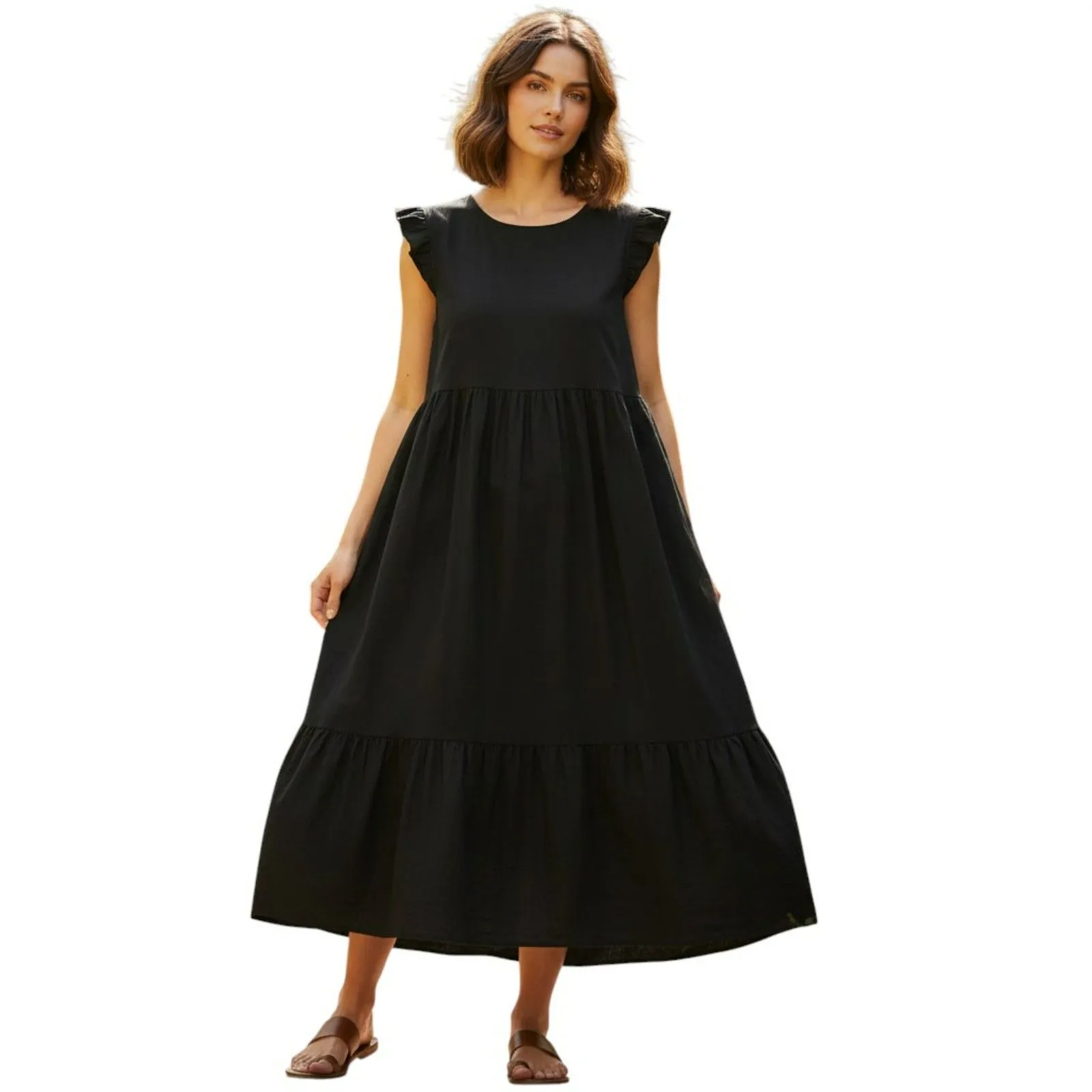 Black Tiered Cotton Midi Dress Made in Italy Size 4 Casual Boho Ruffle Sleeve - Image 15