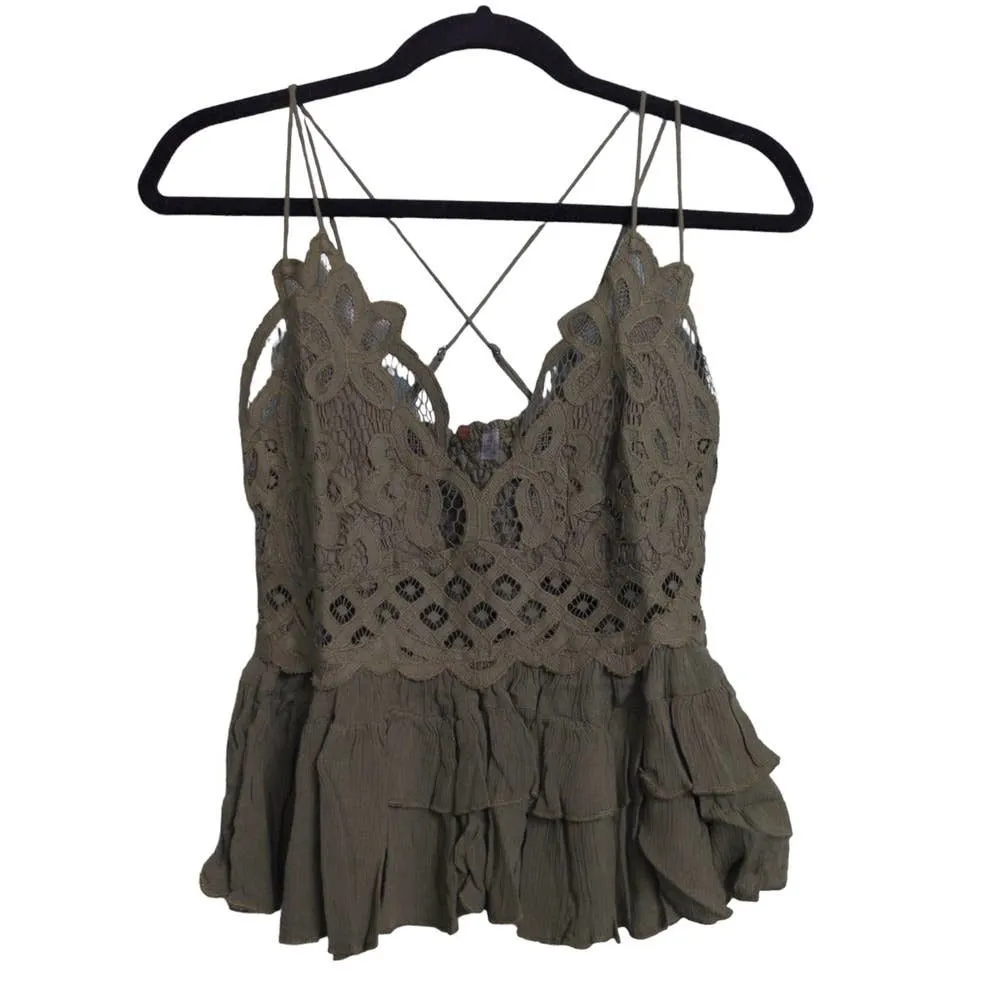 Free People Adella Cami Crochet Lace Flowy Tiered Crisscross Olive Sparrow S New - Image 2
